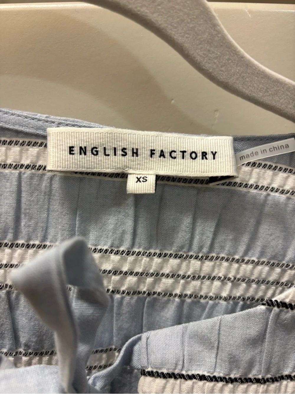 English Factory Blue and White Striped Puff-Sleeve Tie-Front Top